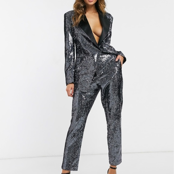 Sequin Gunmetal Gray Pant Suit 2 Piece - Picture 1 of 9